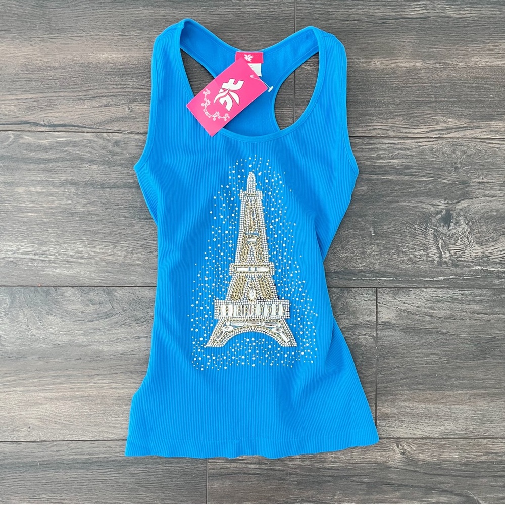 brand new blue graphic embellished eiffel tower tank top